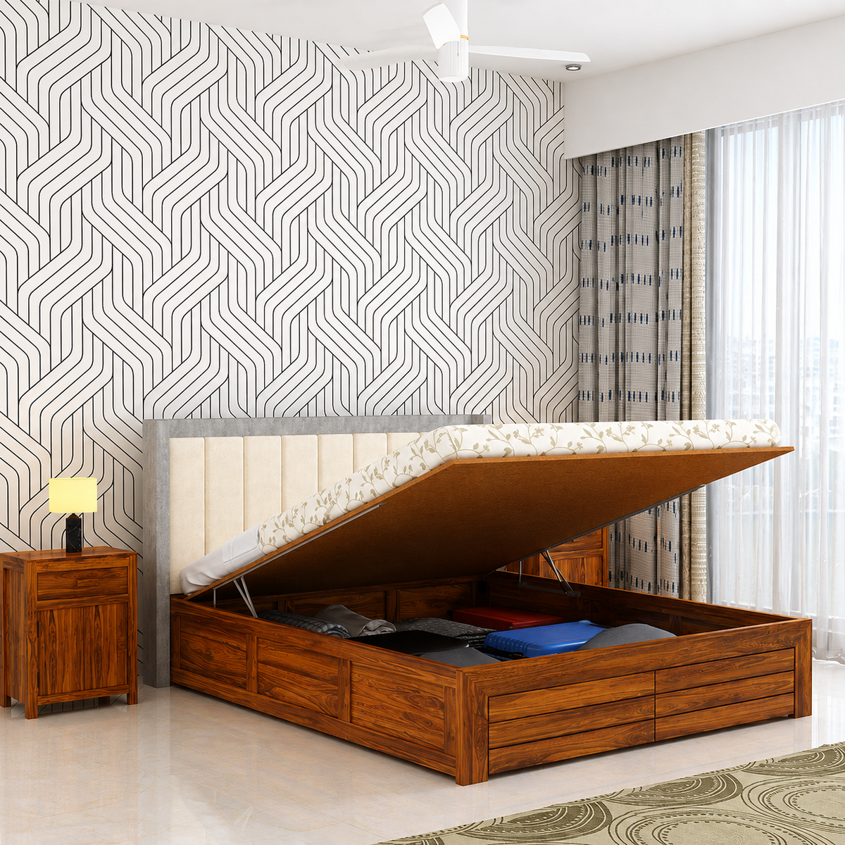 Hynes Solid Sheesham Wood Bed With Hydraulic Box Storage & Upholstered Headboard-3 years Warranty(LUXE EDITION)
