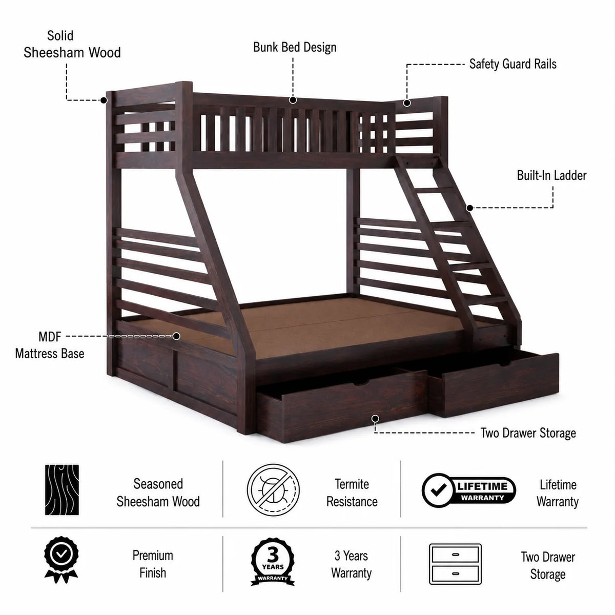 Intalian Solid Sheesham Bunk Bed With Drawer Storage - 3 Years Warranty