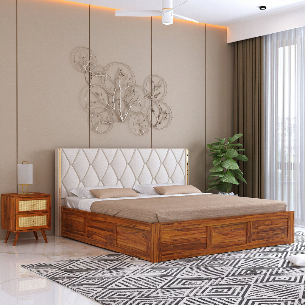 Swiss Solid Sheesham Wood Bed With Box Storage & Eifle Style Upholstered Headboard-3 years Warranty(LUXE EDITION)