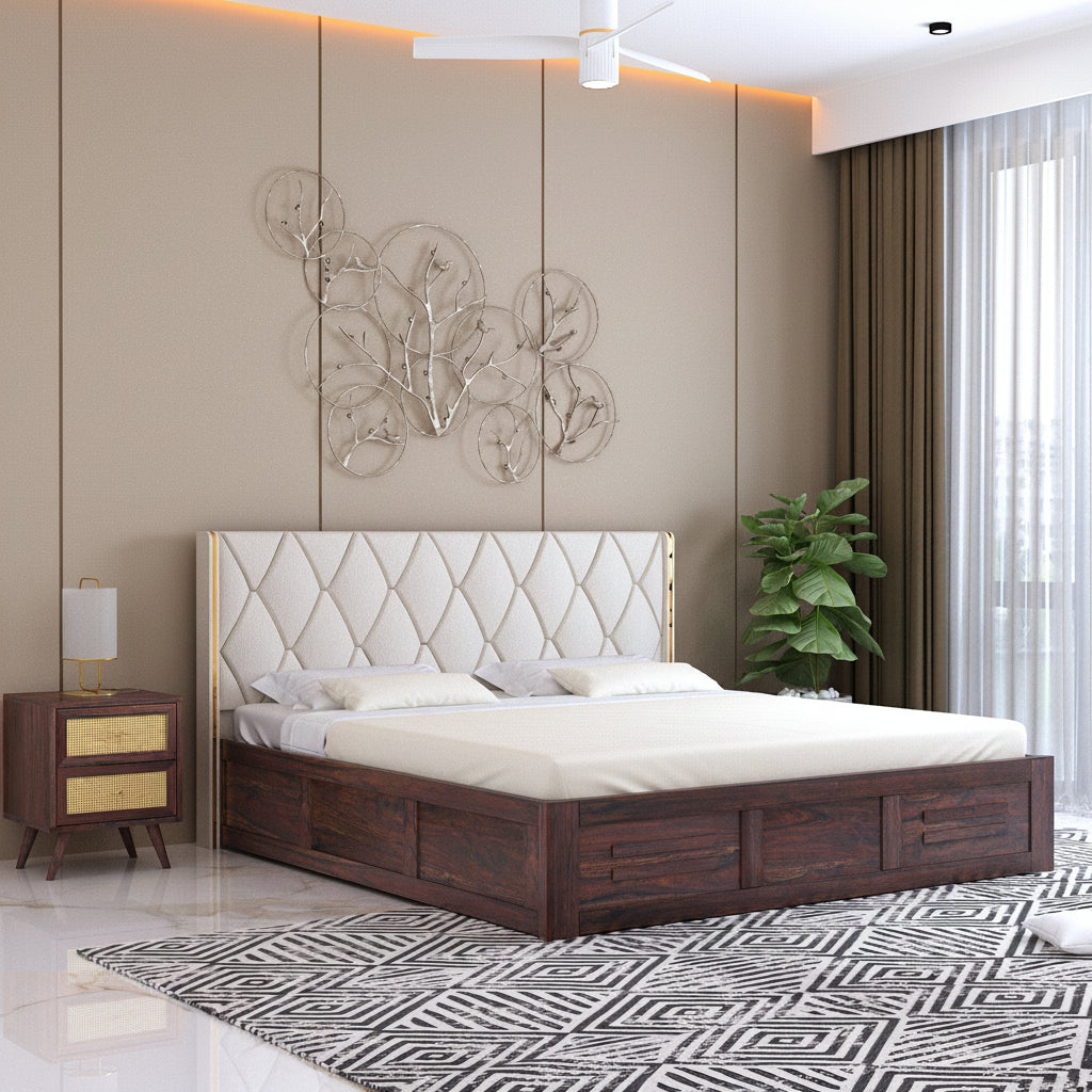 Swiss Solid Sheesham Wood Bed With Box Storage & Eifle Style Upholstered Headboard-3 years Warranty(LUXE EDITION)