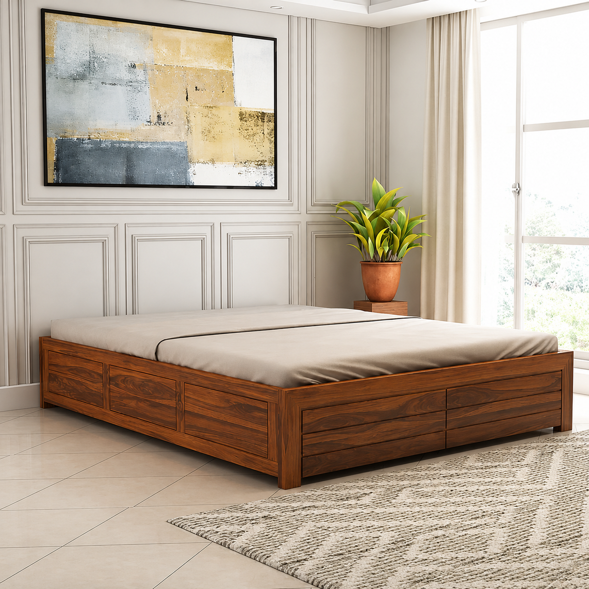 Italian Solid Sheesham Wood Bed With Box Storage Without Headboard - 3 Years Warranty