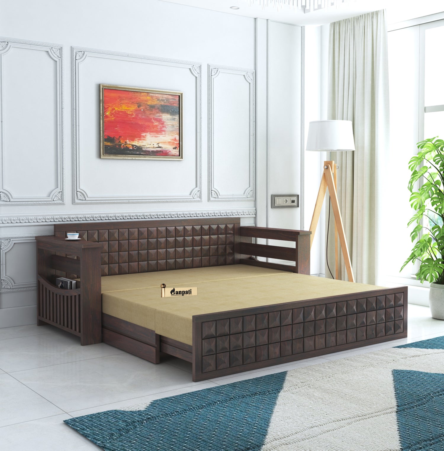 OSLO Solid Sheesham Wood 3 Seater Sofa Cum Bed With Headboard and Mini Storage - 3 Years Warranty