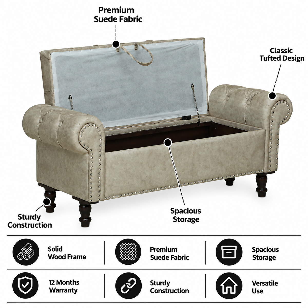 FABRIO Upholstered Ottoman Bench With Storage - 12 Months Warranty(Beige Suede)