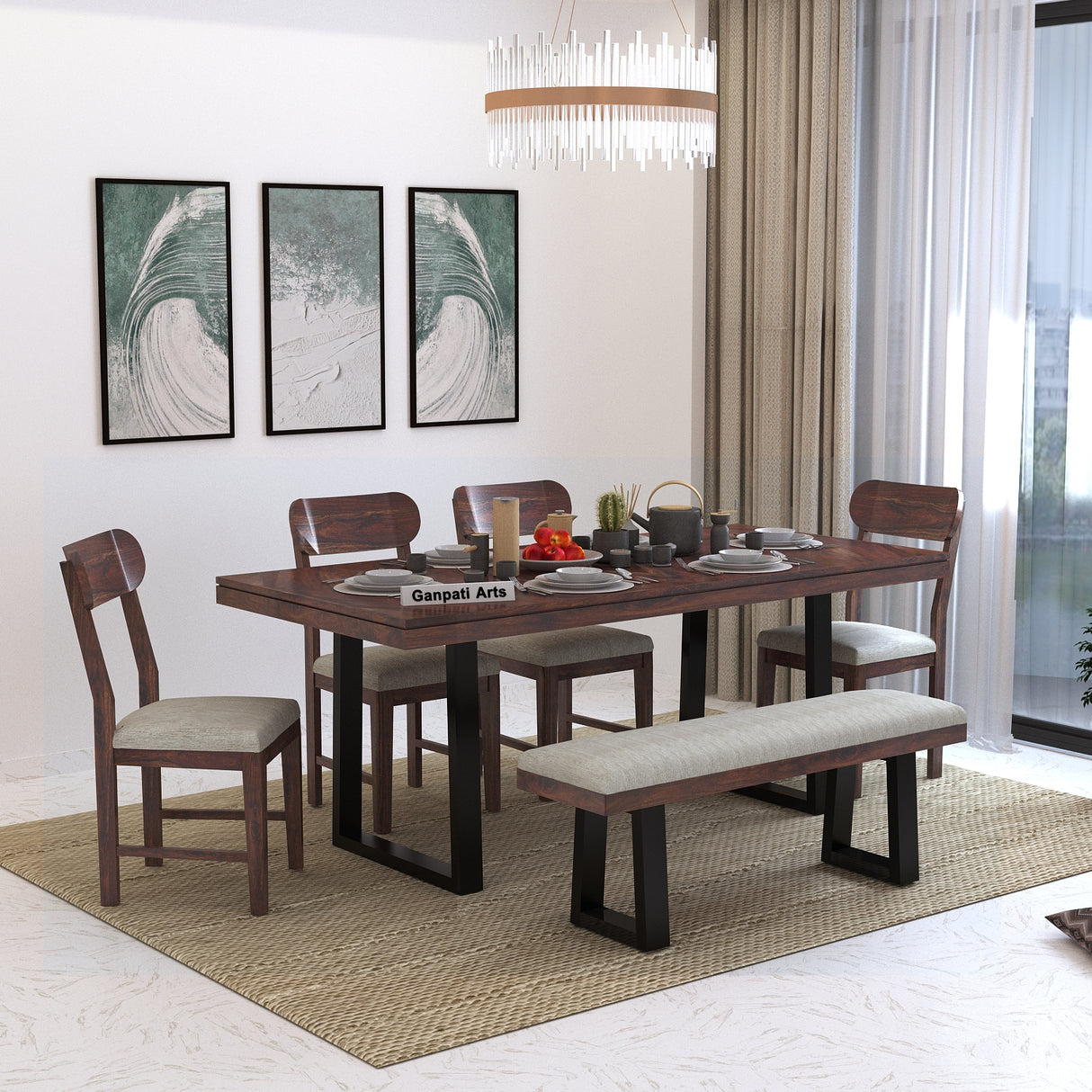 Wave Solid Sheesham Wood 6 Seater Dining Set With Iron Legs(Wave Detailing Top) - 3 Years Warranty