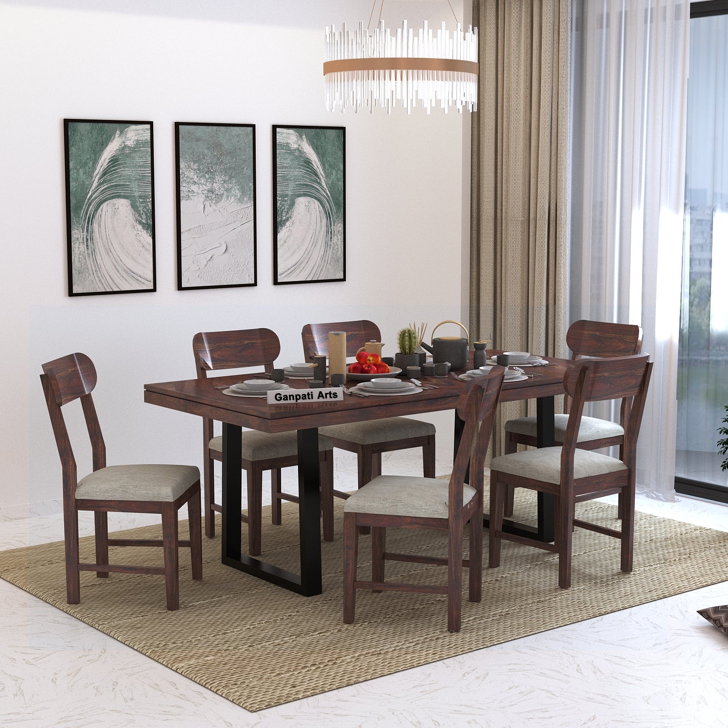 Wave Solid Sheesham Wood 6 Seater Dining Set With Iron Legs(Wave Detailing Top) - 3 Years Warranty