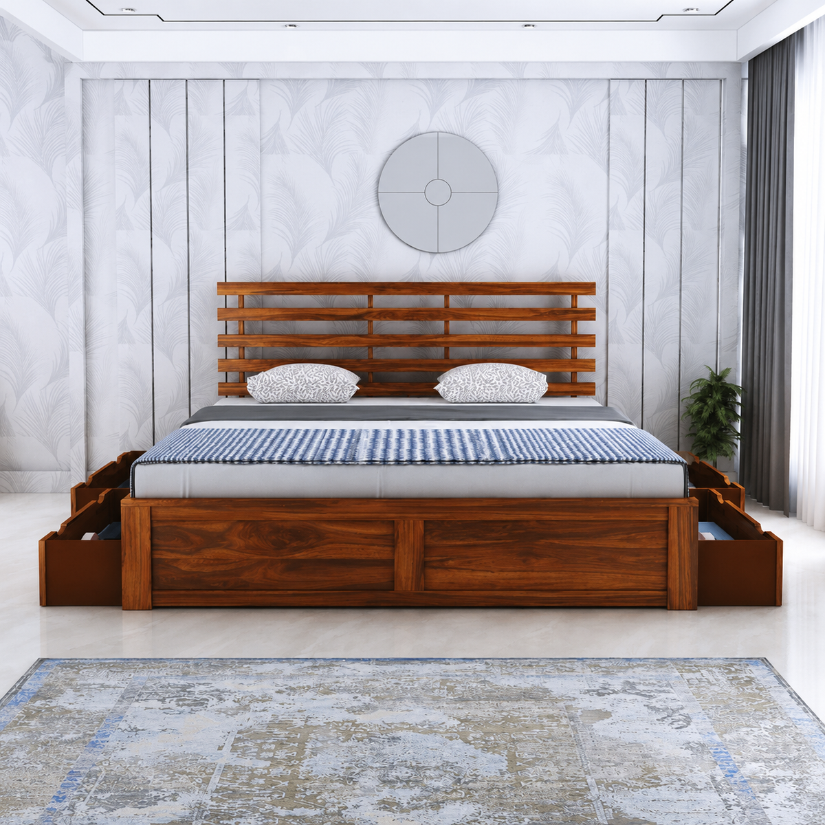Strap Solid Sheesham Wood Bed With Four Drawer Storage - 3 Years Warranty