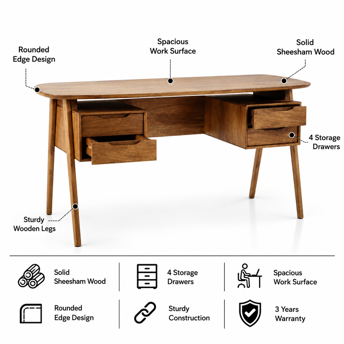Trace Solid Sheesham Wood Study Table with Storage - 3 Years Warranty