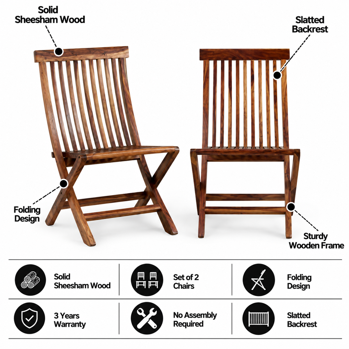 Retro Solid Sheesham Wood Set of-2 Folding Chair - 3 years Warranty