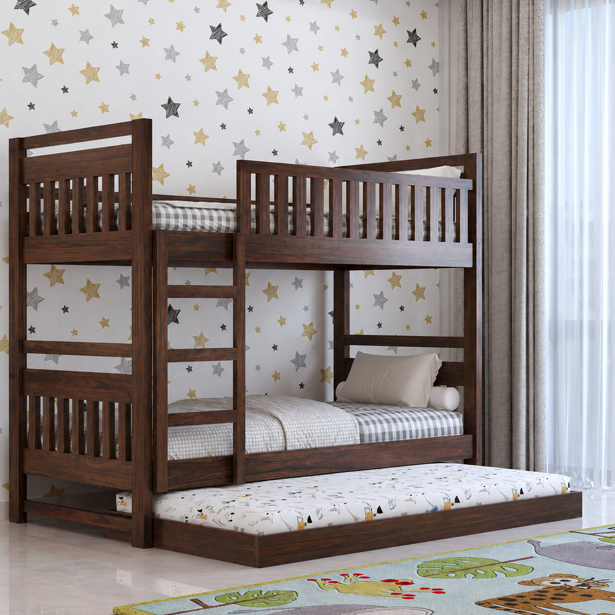 Swift Solid Sheesham Wood Bunk Bed With Ladder & Trundle Bed - 3 years Warranty