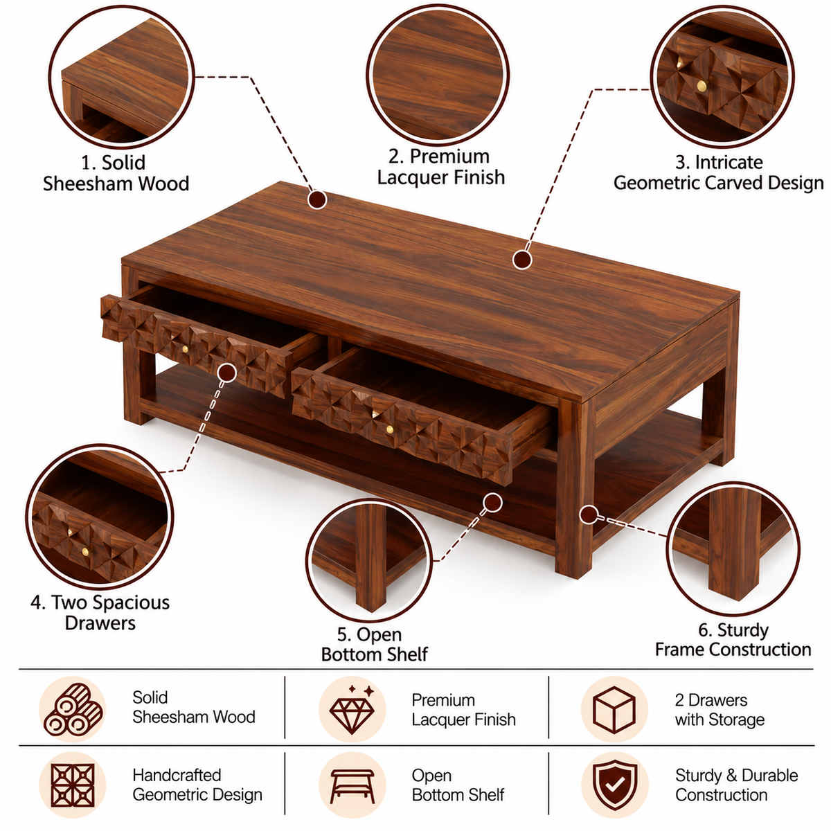 Raj Solid Wood Coffee Table With Two Drawer Storage - 3 Years Warranty
