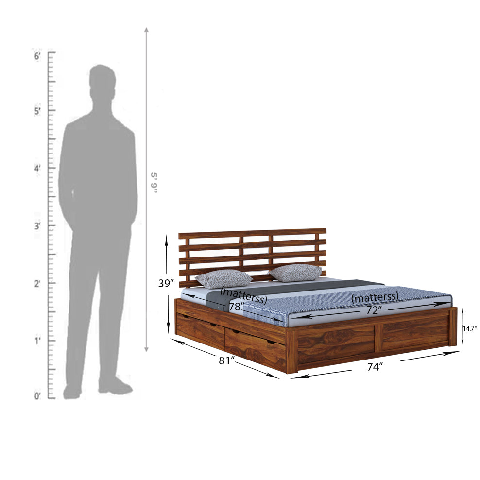 Strap Solid Sheesham Wood Bed With Four Drawer Storage - 3 Years Warranty