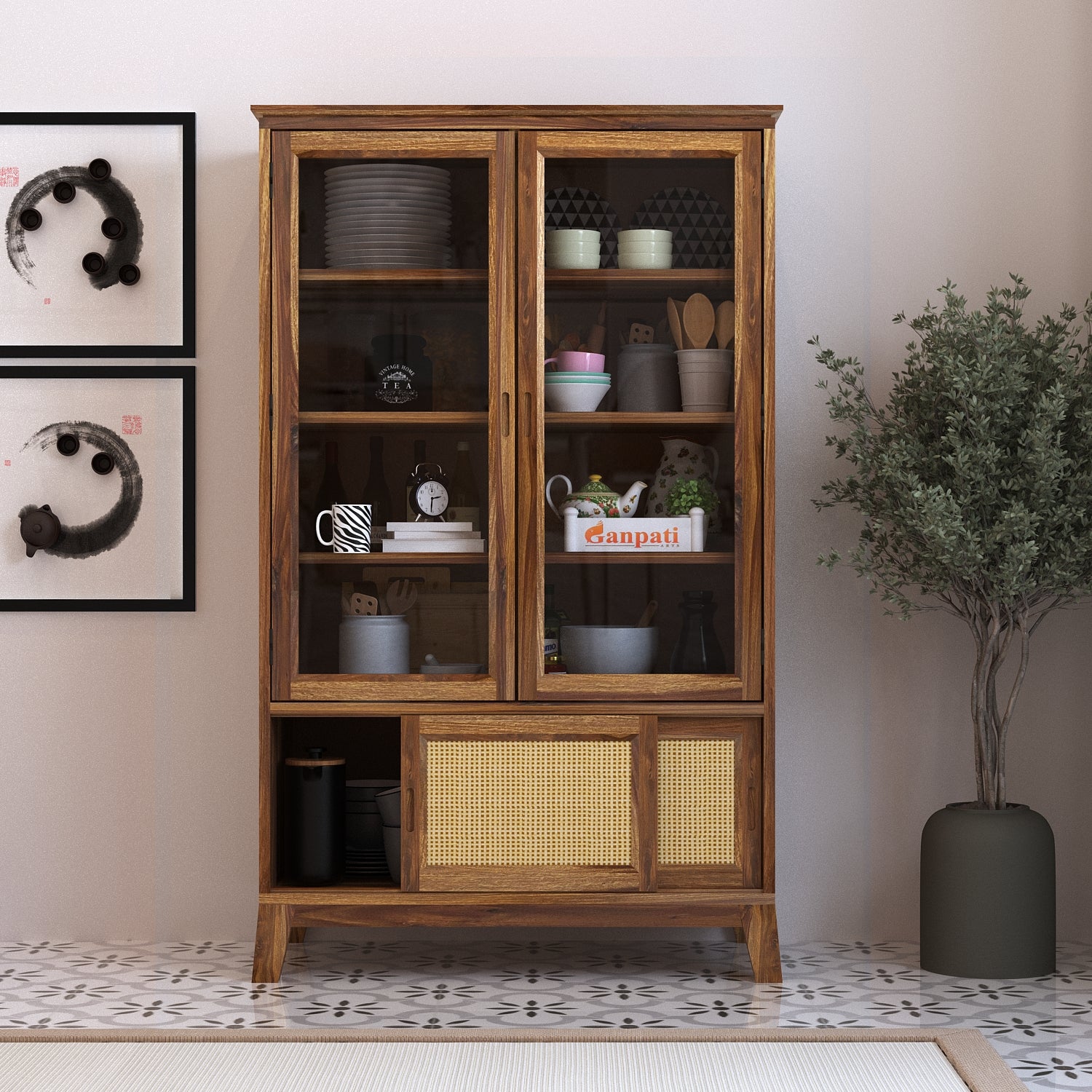 Cosmos CANE Sliding Door Display Unit in Solid Sheesham Wood - 3 Years Warranty