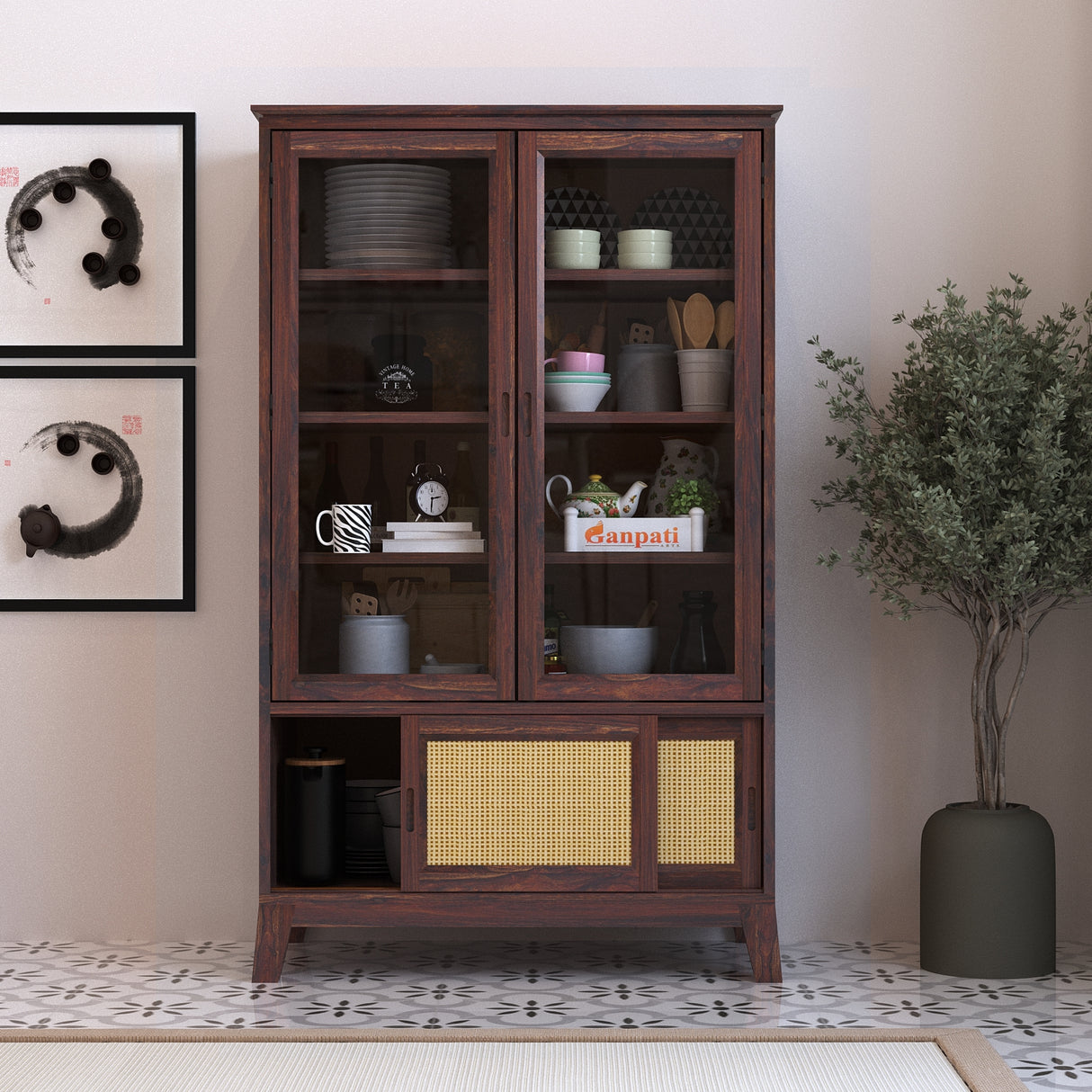 Cosmos CANE Sliding Door Display Unit in Solid Sheesham Wood - 3 Years Warranty