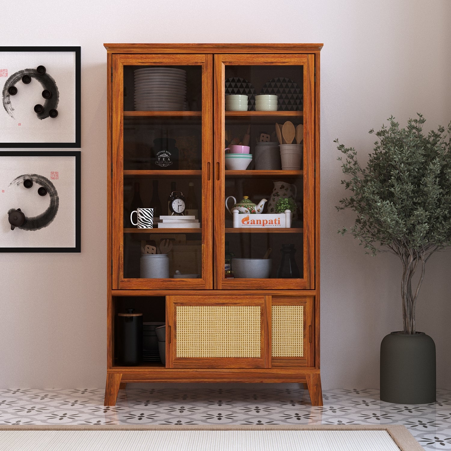 Cosmos CANE Sliding Door Display Unit in Solid Sheesham Wood - 3 Years Warranty