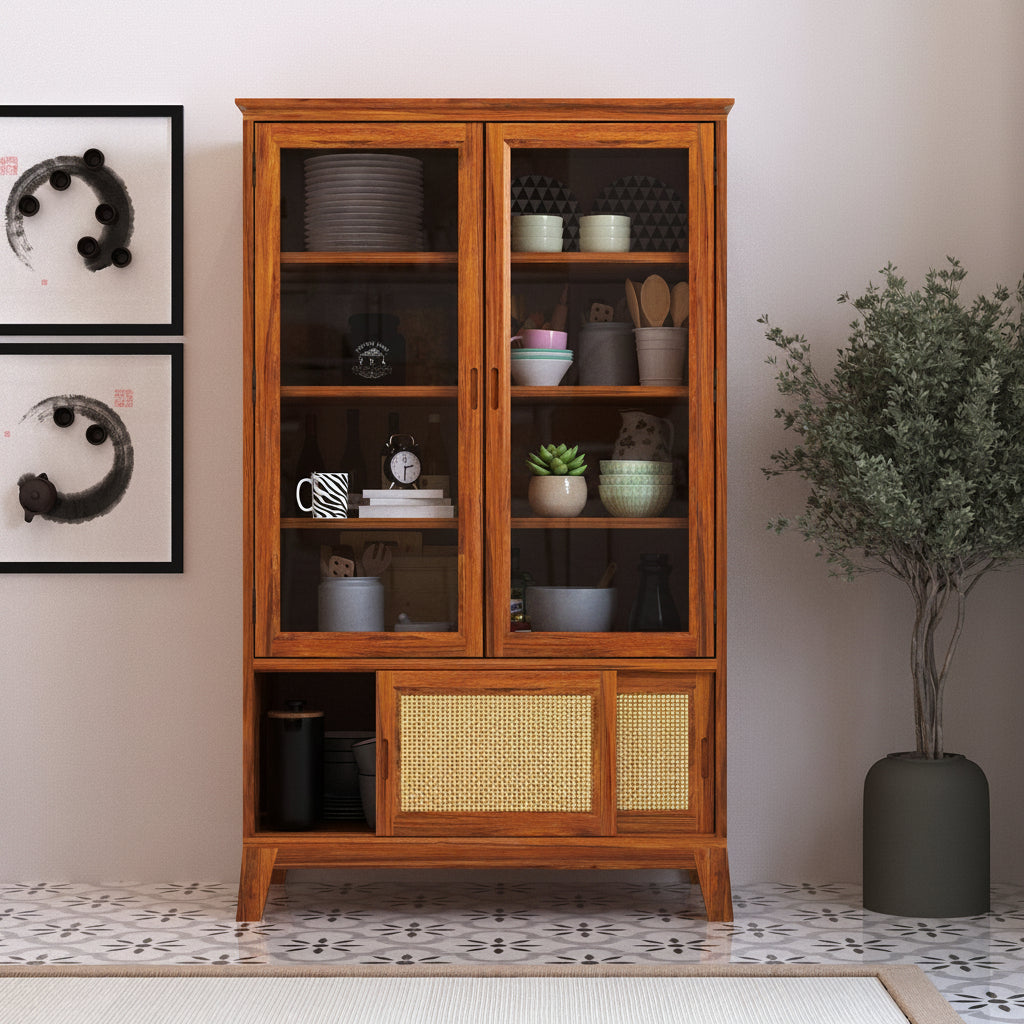 Cosmos CANE Sliding Door Display Unit in Solid Sheesham Wood - 3 Years Warranty