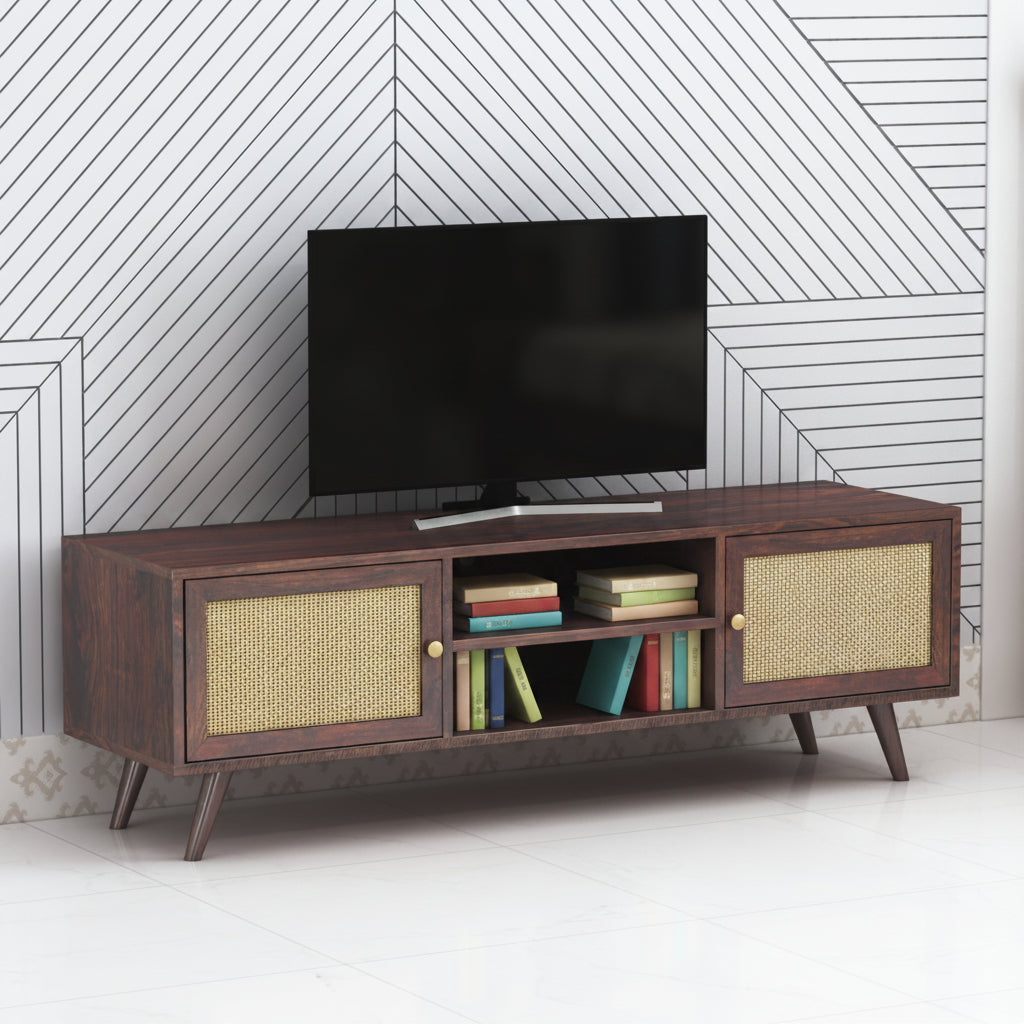 Syrus Solid Sheesham Wood TV Unit Cane - 3 Years Warranty