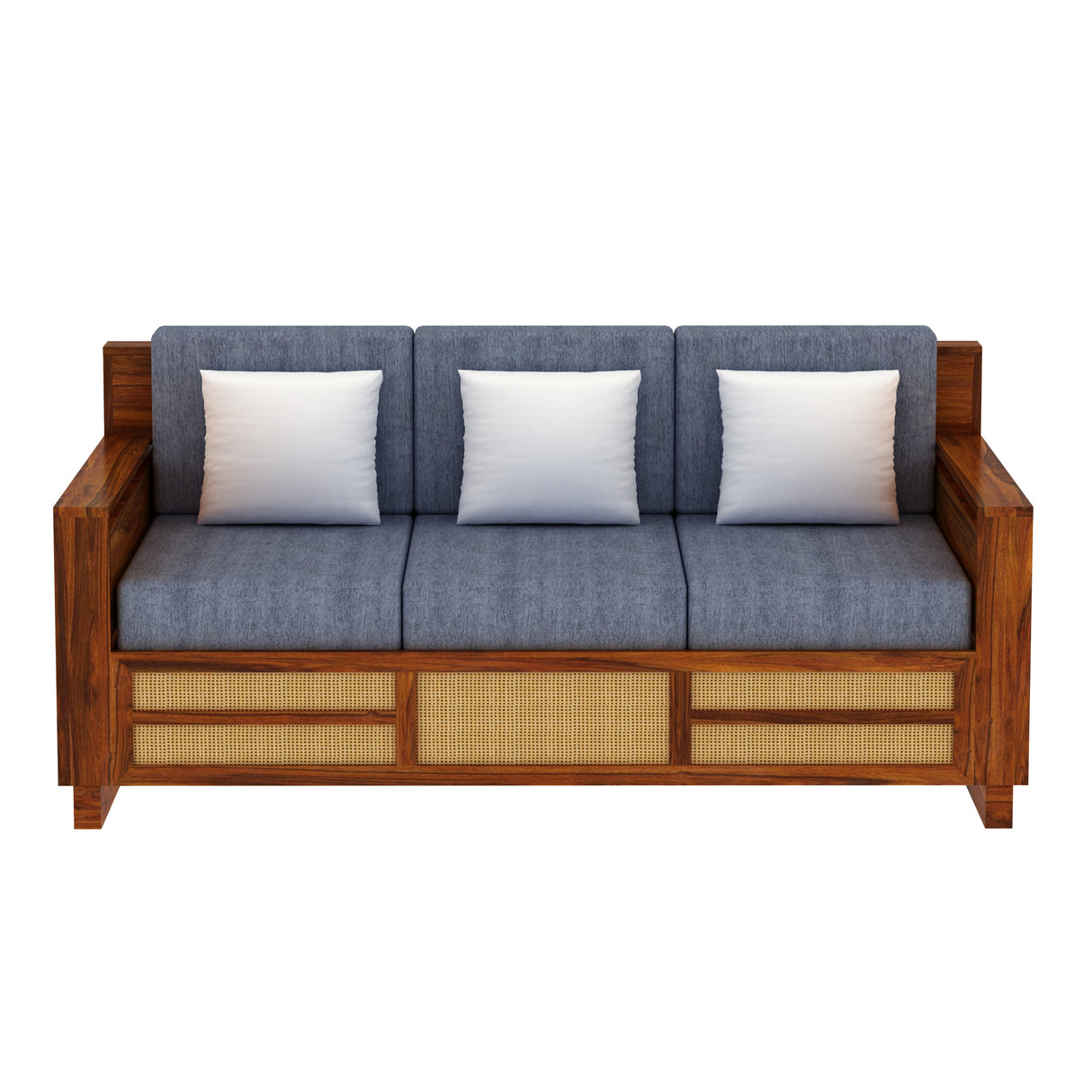 Syrus Solid Sheesham Wood 3 Seater Sofa With Side Pocket and Cane Design - 3 Year Warranty