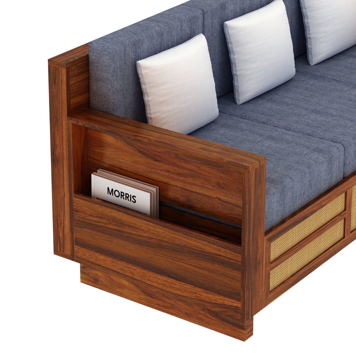 Syrus Solid Sheesham Wood 3 Seater Sofa With Side Pocket and Cane Design - 3 Year Warranty