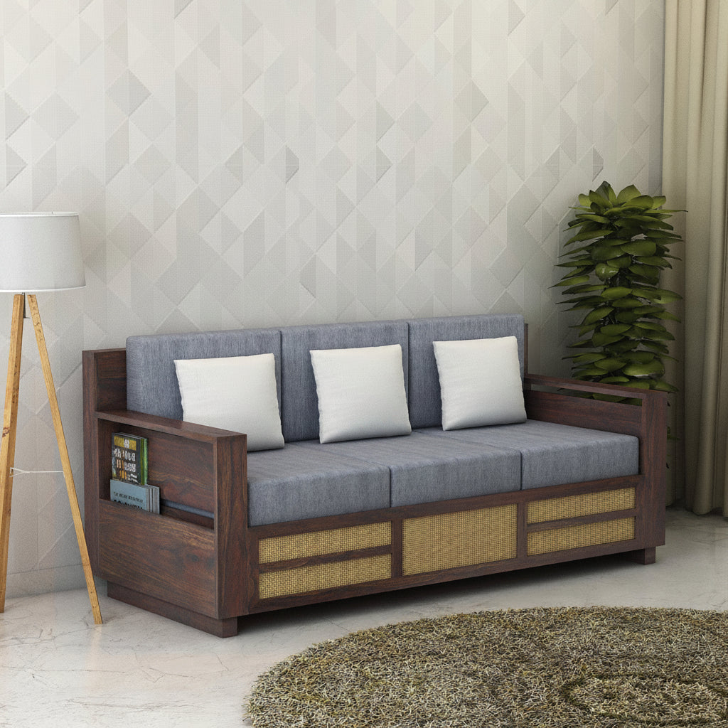 Syrus Solid Sheesham Wood 3 Seater Sofa With Side Pocket and Cane Design - 3 Year Warranty