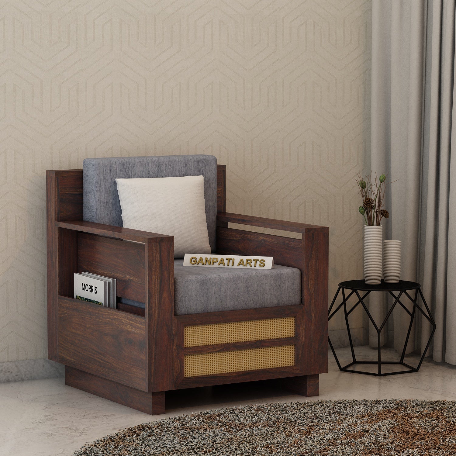 Syrus Solid Sheesham Wood Single Seater Sofa With Side Pocket and Cane Design - 3 Years Warranty