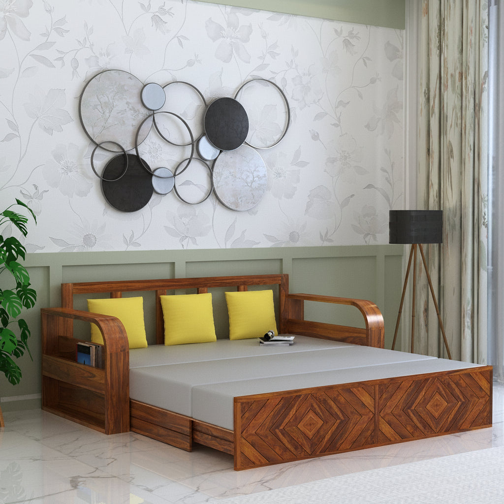 Wave Solid Sheesham Wood 3 Seater Sofa Cum Bed with Footboard Design - 3 years Warranty