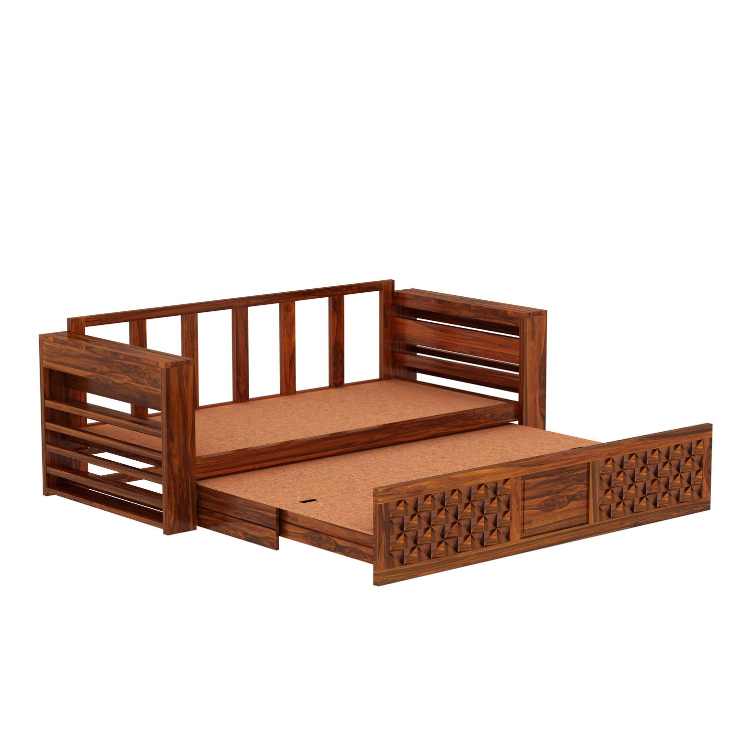 Raj Solid Sheesham Wood 3 Seater Sofa Cum Bed with Mini Storage and Side Pockets - 3 Years Warranty