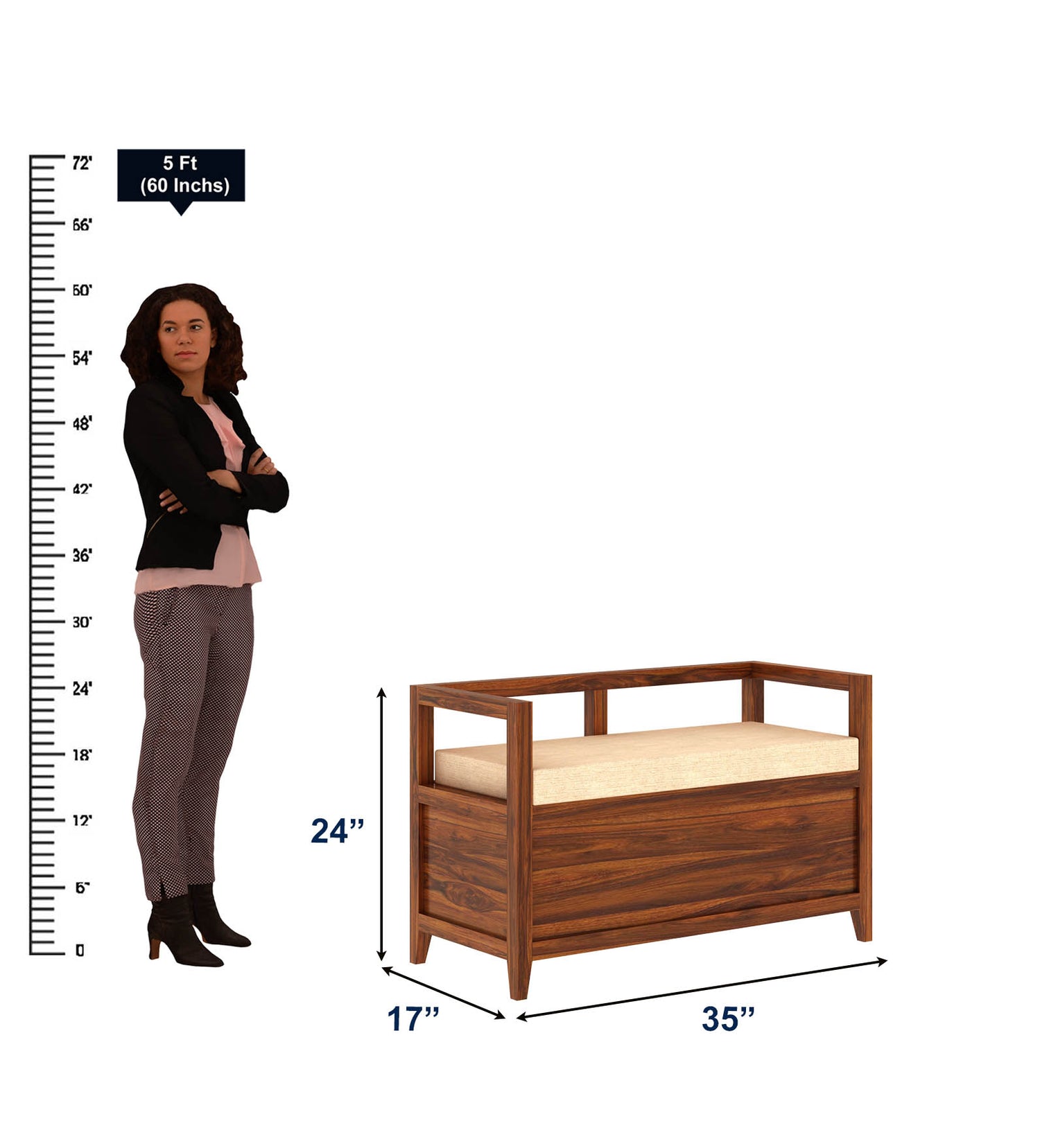 Jaipur Solid Sheesham Wood Storage Bench - 3 Years Warranty