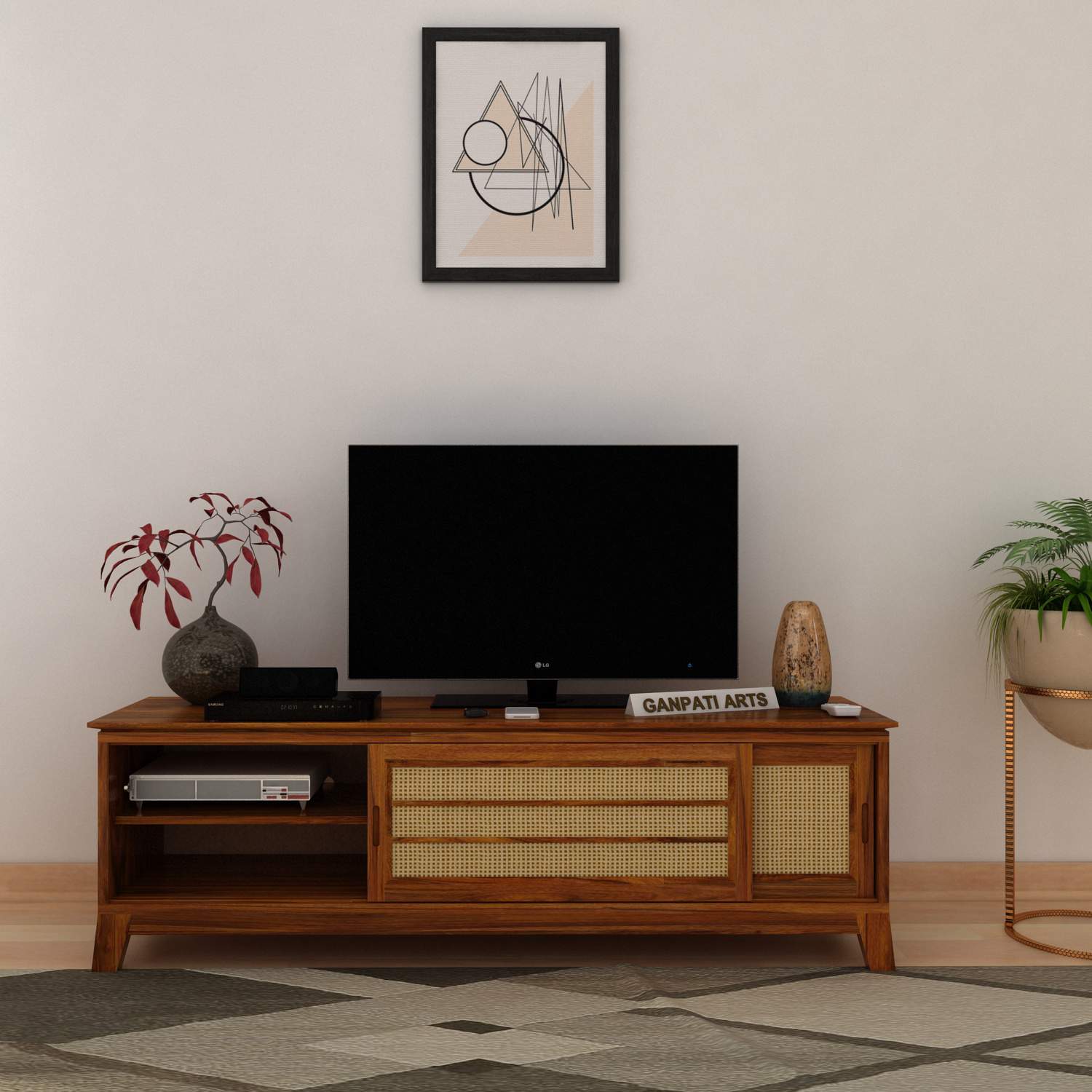 Cosmos Solid Sheesham Wood TV Unit Cane With Sliding Doors - 3 Years Warranty