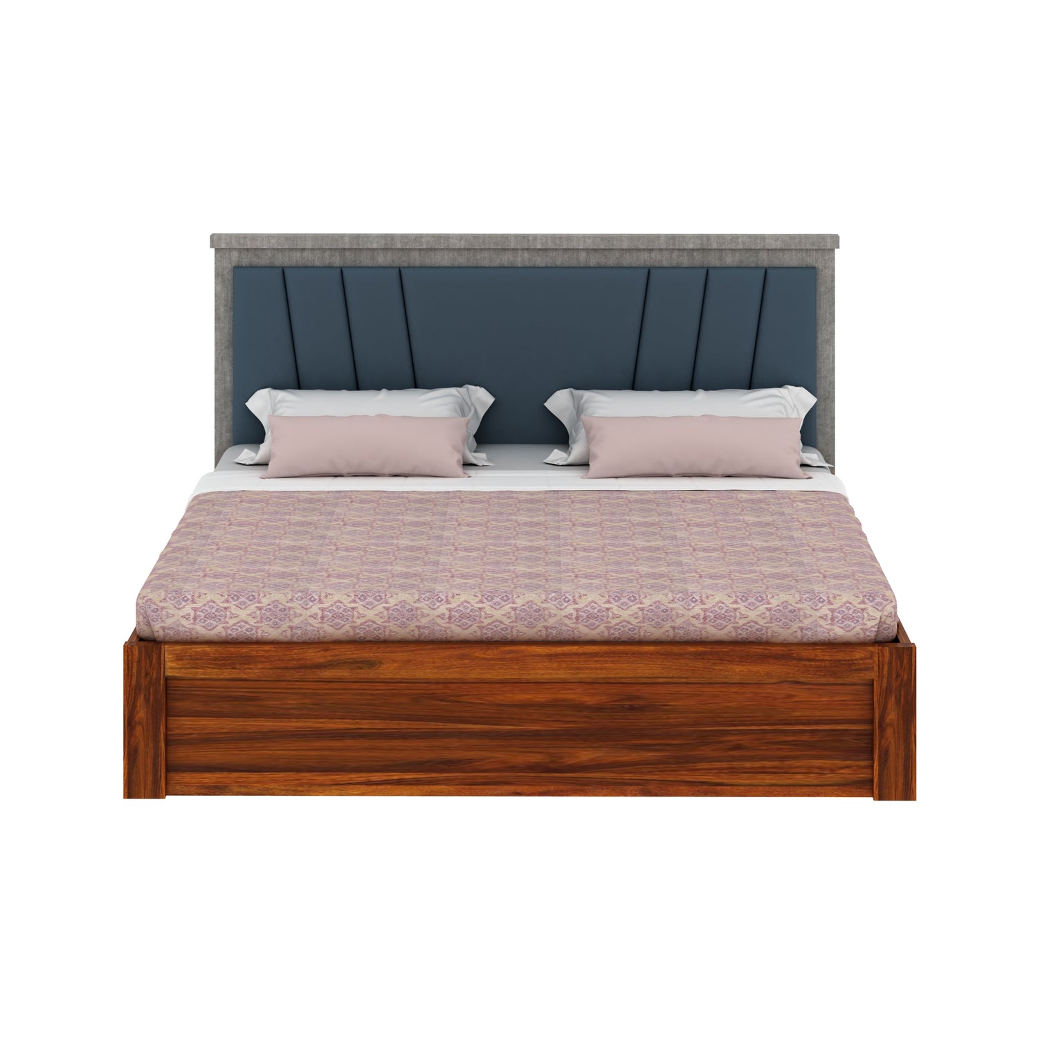 Emporio Solid Sheesham Wood Bed With Box Storage & Upholstered Headboard-3 years Warranty(LUXE EDITION)