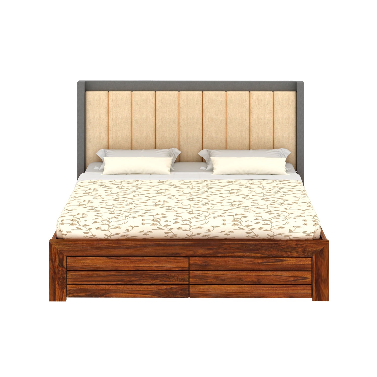 Hynes Solid Sheesham Wood Bed With Hydraulic Box Storage & Upholstered Headboard-3 years Warranty(LUXE EDITION)