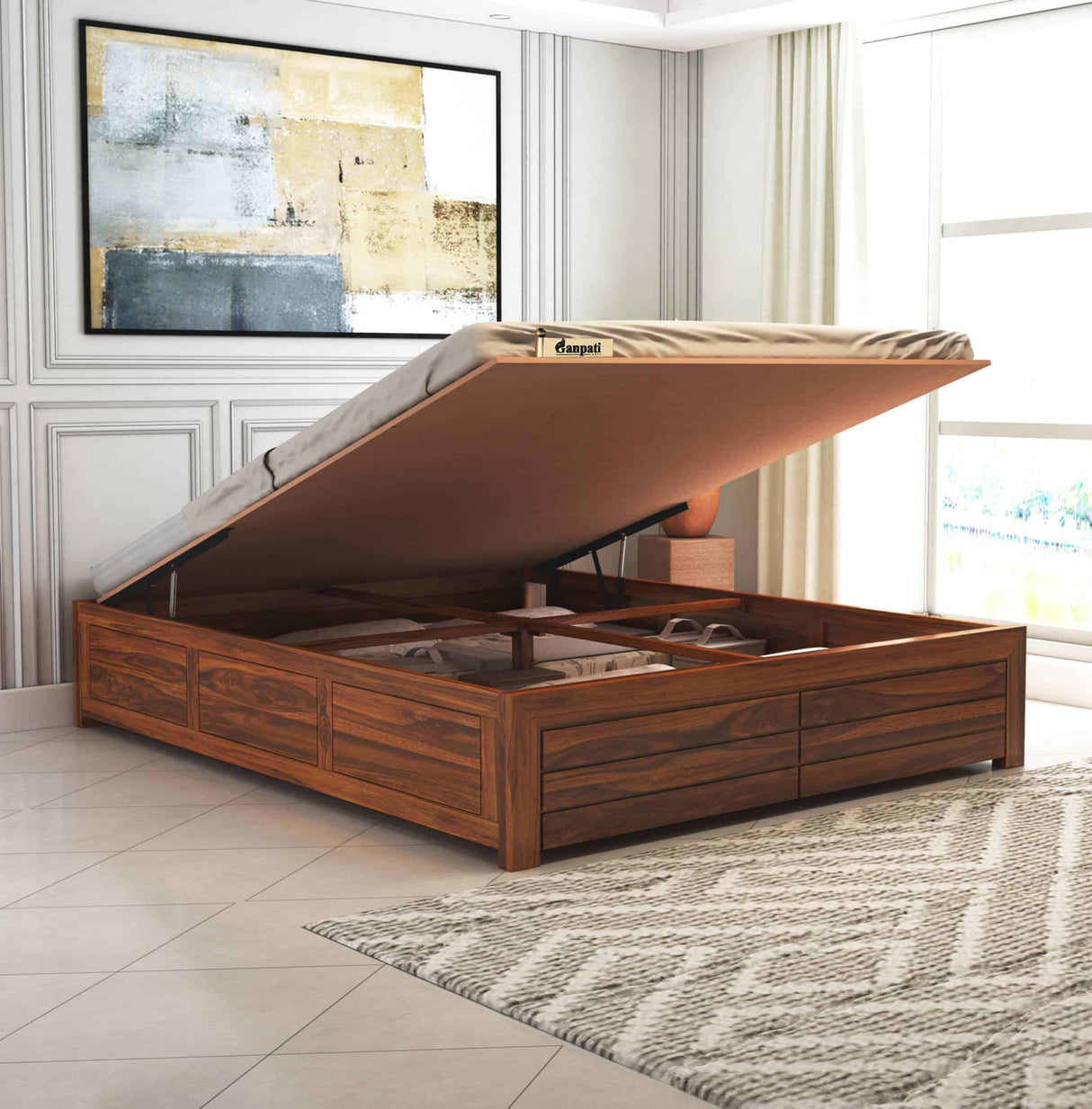Italian Solid Sheesham Wood Bed With Hydraulic Storage Without Headboard - 3 Years Warranty