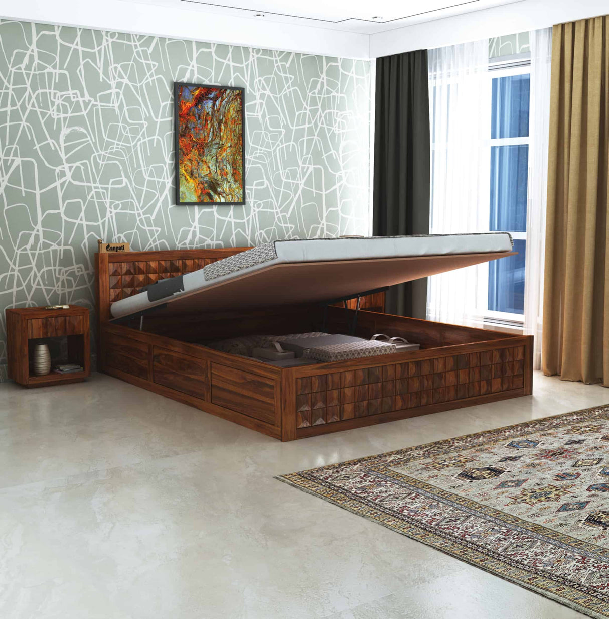 Oslo Diamond Solid Sheesham Wood Hydraulic Storage Bed - 3 Years Warranty