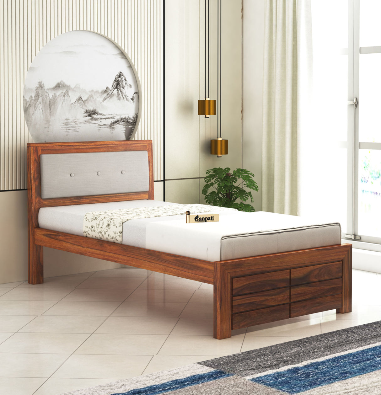 EURO Solid Sheesham Wood Single Bed With Upholstered Headboard - 3 Years Warranty