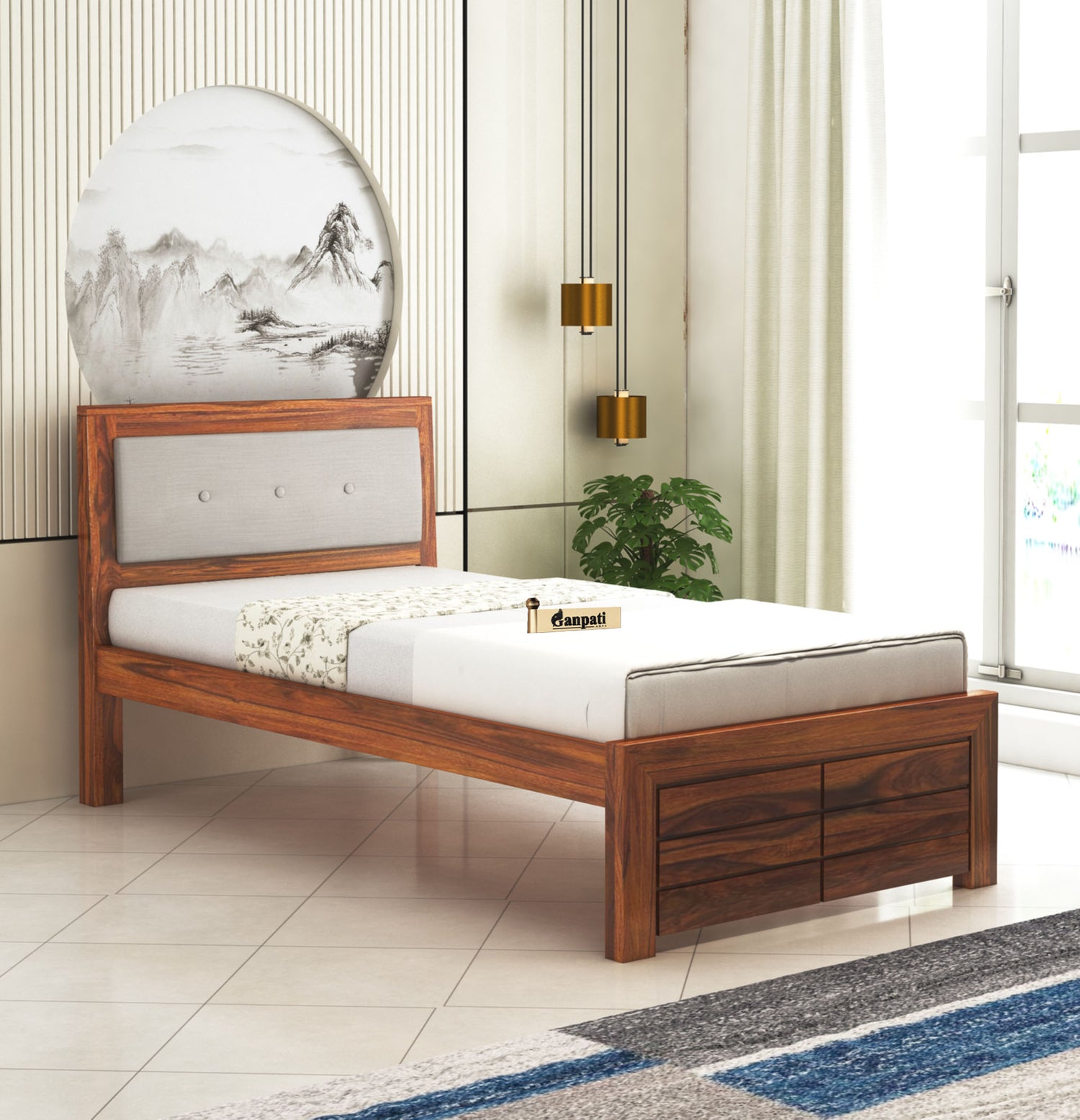 EURO Solid Sheesham Wood Single Bed With Upholstered Headboard - 3 Years Warranty
