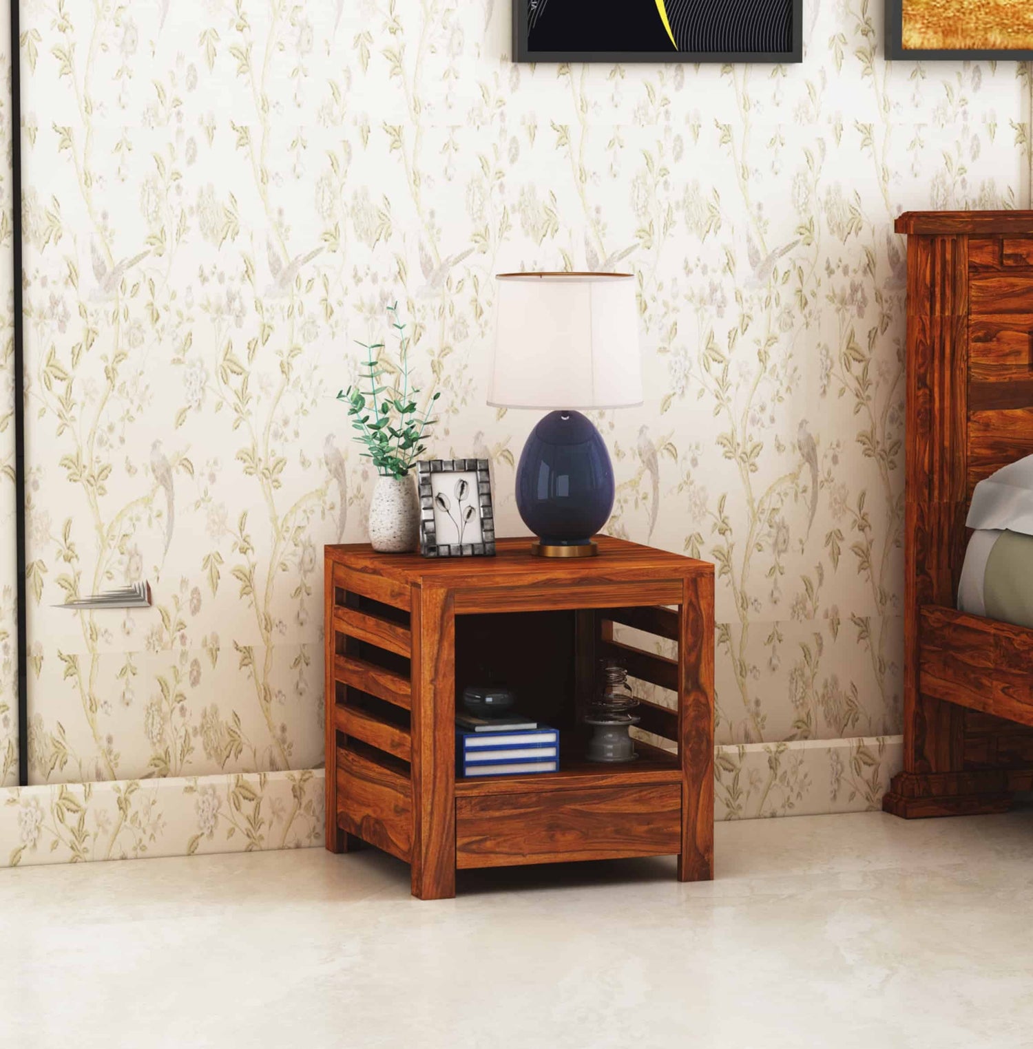 Cairo Solid Sheesham Wood Bedside Table With One Drawer Storage - 3 Years Warranty