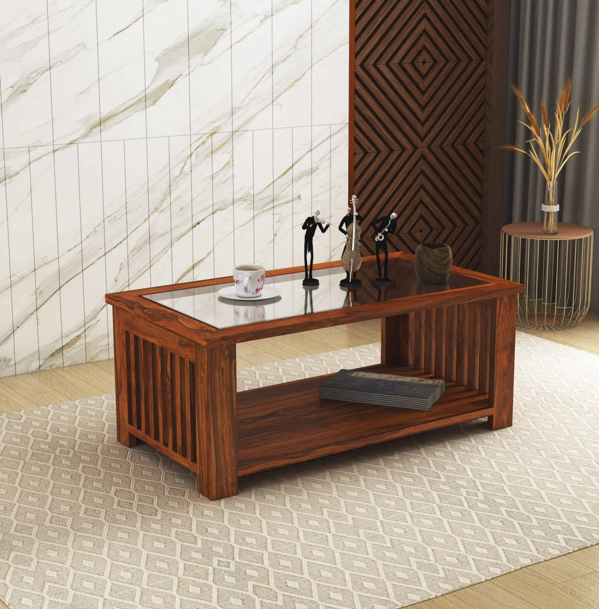 Maharaja Solid Sheesham Wood Coffee Table With Glass Top - 3 Years Warranty