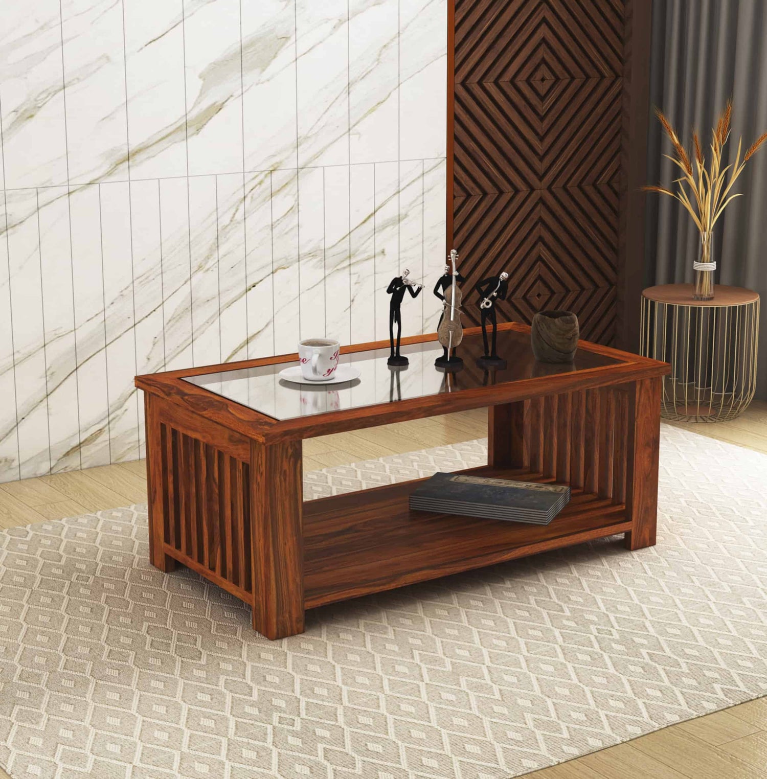 Maharaja Solid Sheesham Wood Coffee Table With Glass Top - 3 Years Warranty