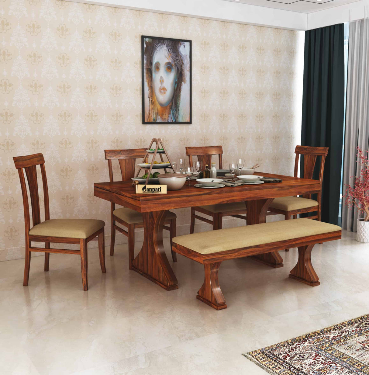 Maron Solid Sheesham Wood 6 Seater Dining Table Set - 3 Years Warranty