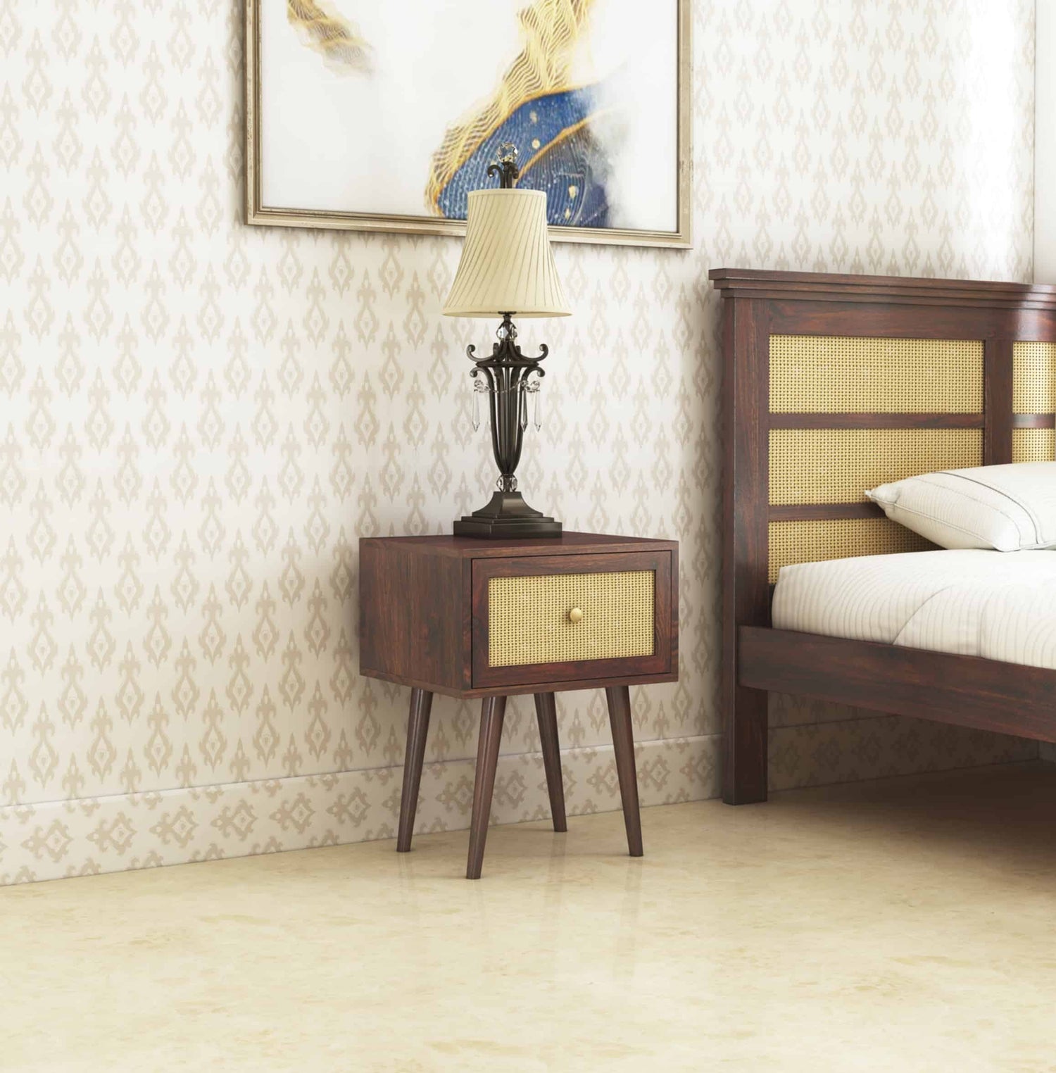 Syrus Solid Sheesham Wood One Drawer Bedside Cane - 3 Years Warranty
