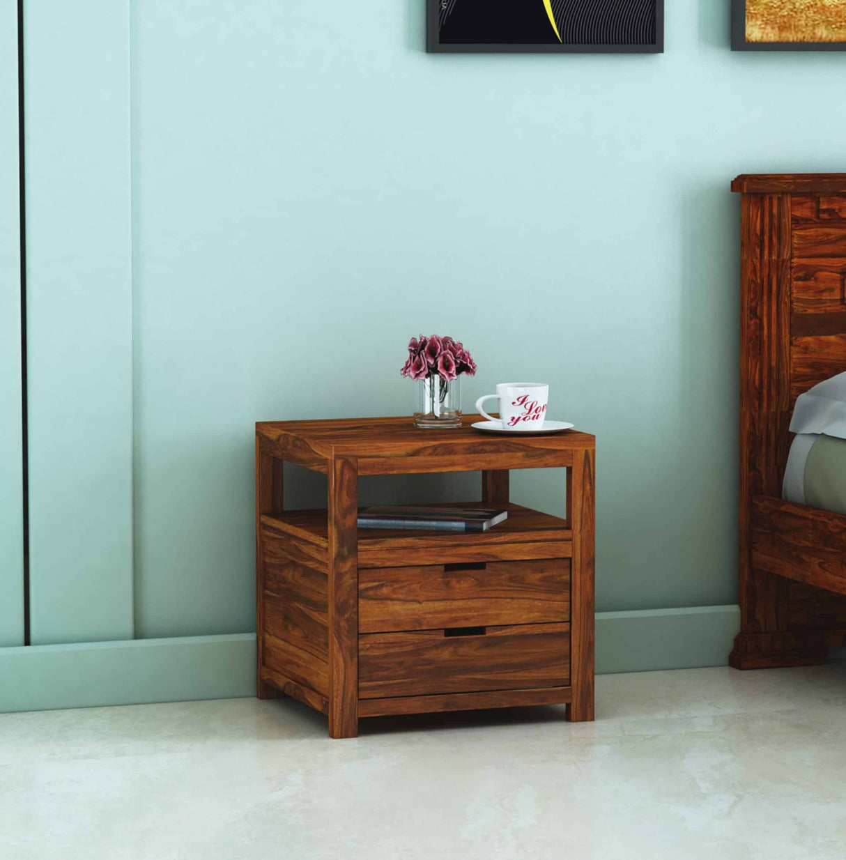Rayon Solid Sheesham Wood Bedside Table With Two Drawer Storage -3 Years Warranty