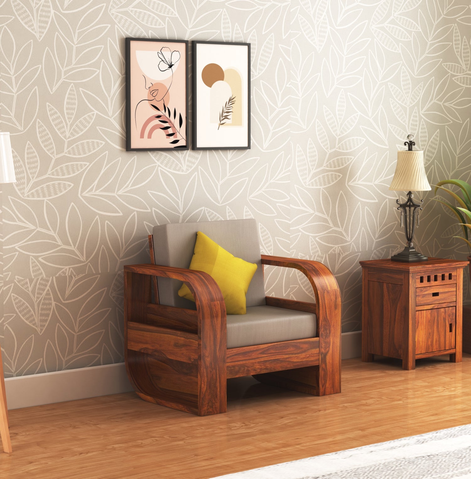 Crew Solid Sheesham Wood Single Seater Sofa With Side Pocket - 3 Years Warranty