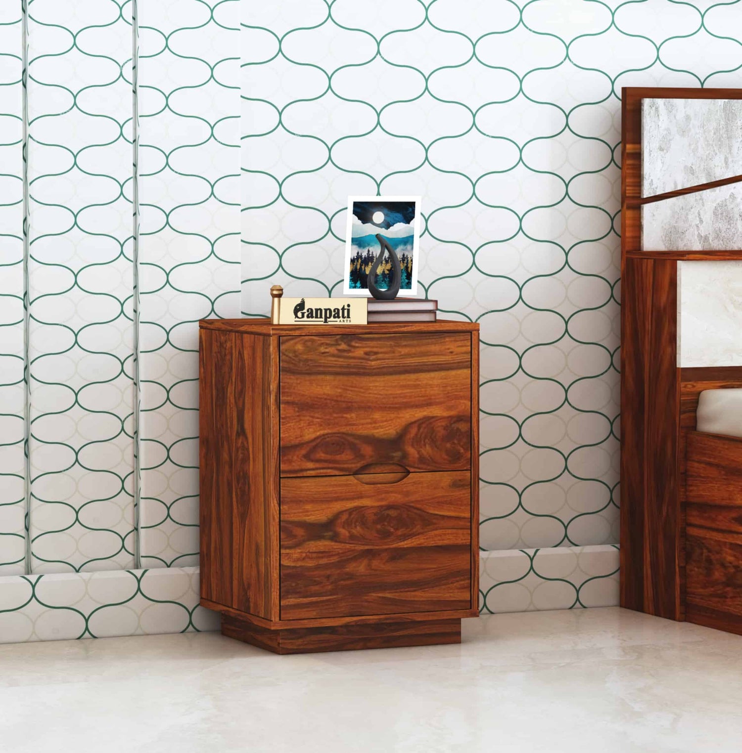 Foster Solid Sheesham Wood Bedside With Two Drawer Storage - 3 Years Warranty