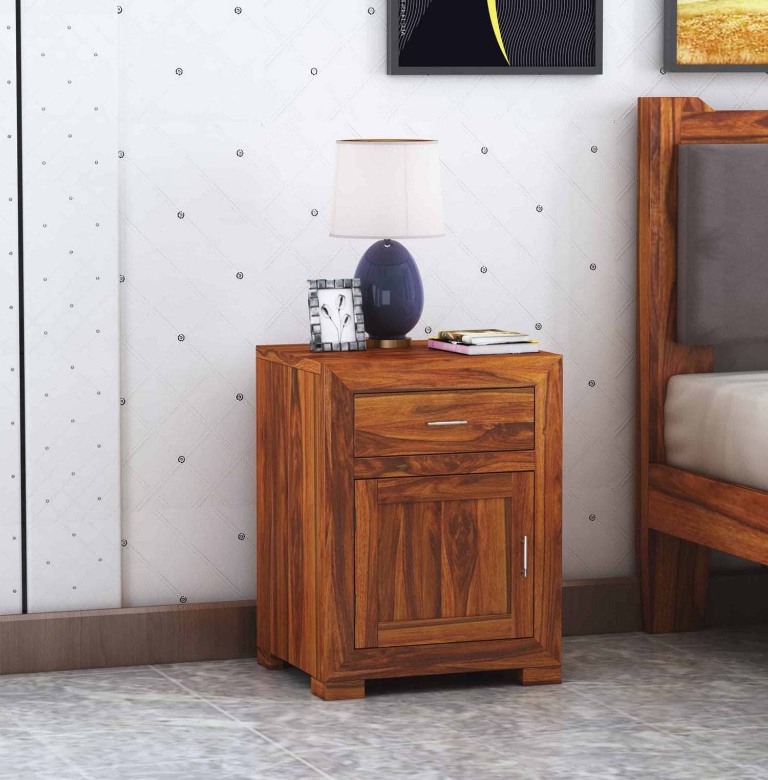 Trace Solid Sheesham Wood Bedside With Drawer and Door Storage - 3 Years Warranty