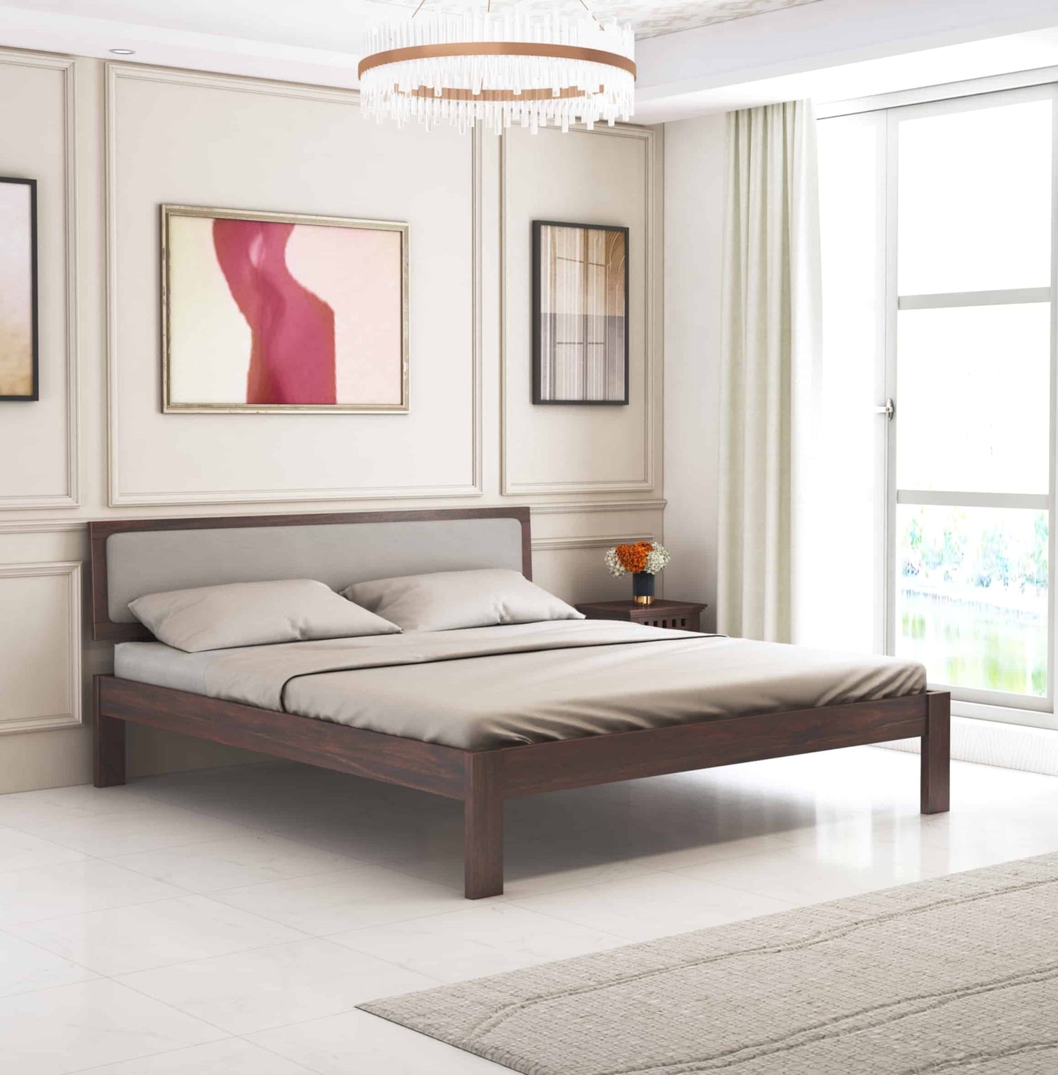 Euro Solid Sheesham Wood Bed With Upholstered Headboard - 3 Years Warranty