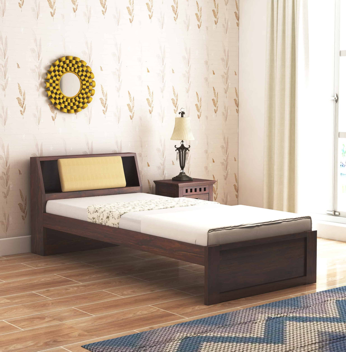 Mayor Solid Sheesham Wood Single Size Bed With Headboard Storage - 3 Years Warranty