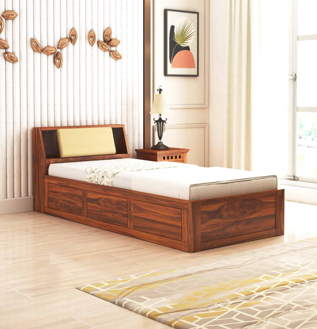 Mayor Solid Sheesham Wood Single Bed With Headboard and Box Storage - 3 Years Warranty