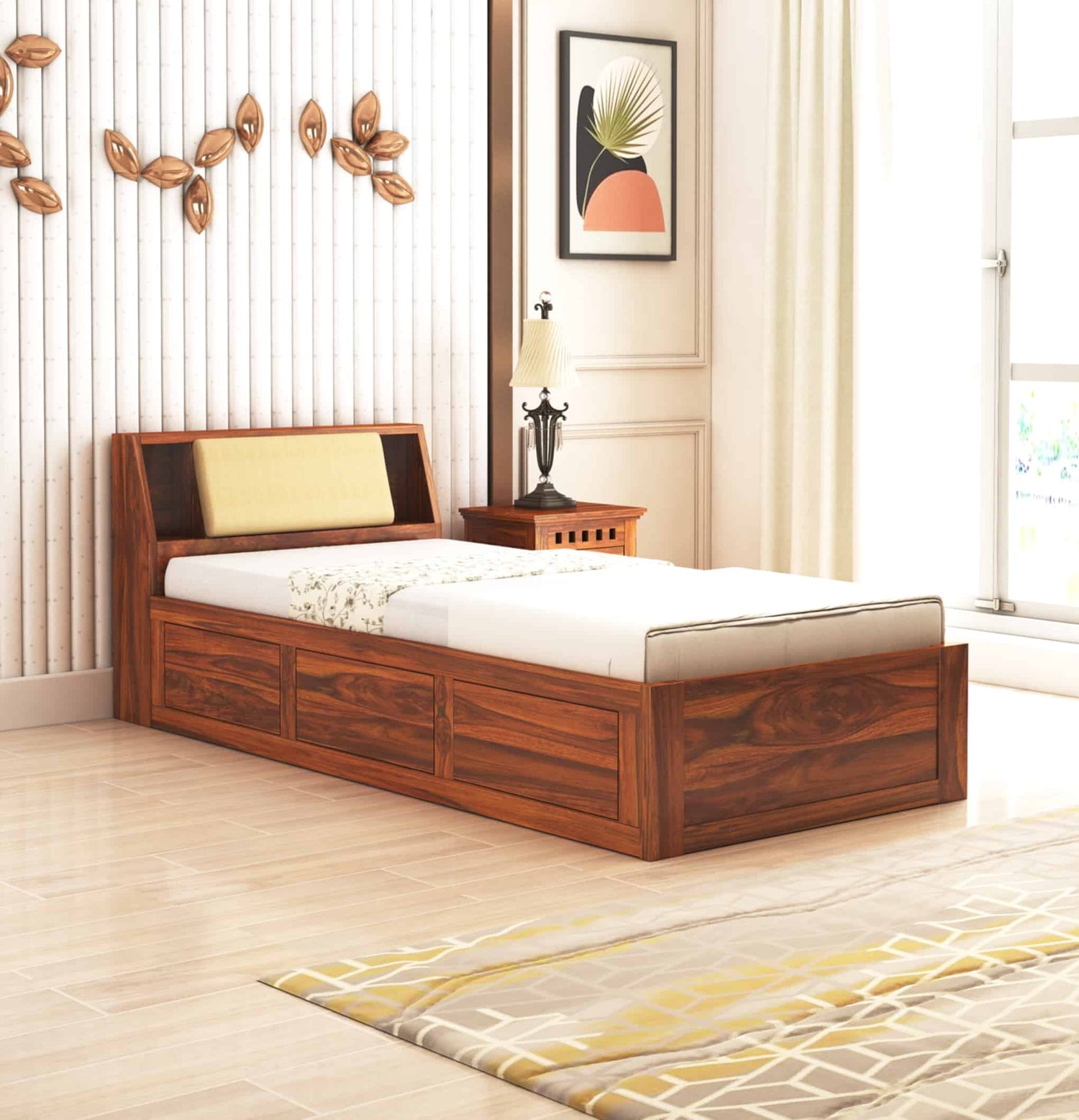 Mayor Solid Sheesham Wood Single Bed With Headboard and Box Storage - 3 Years Warranty