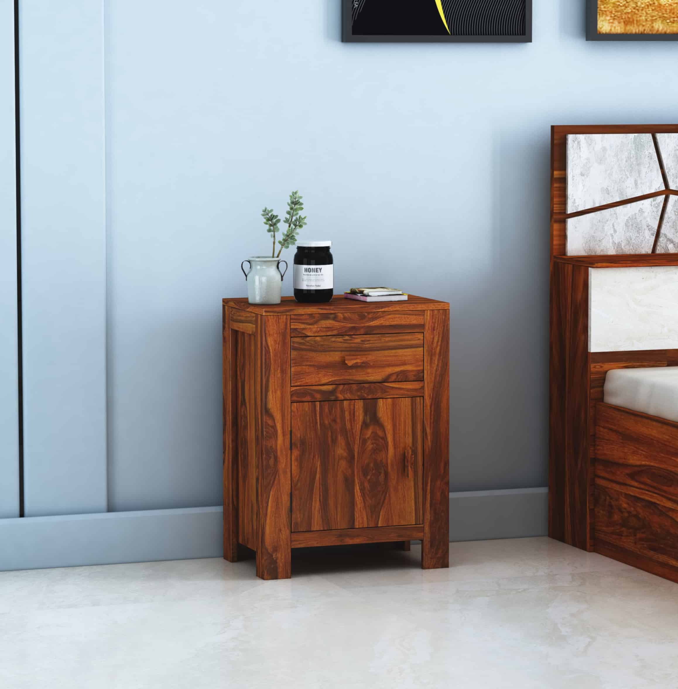Akon Solid Sheesham Wood Bedside With Drawer and Door Storage - 3 Years Warranty