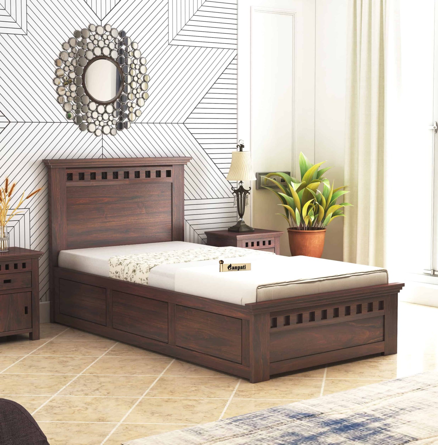 Armania Solid Sheesham Wood Single Size Bed With Box Storage - 3 Years Warranty