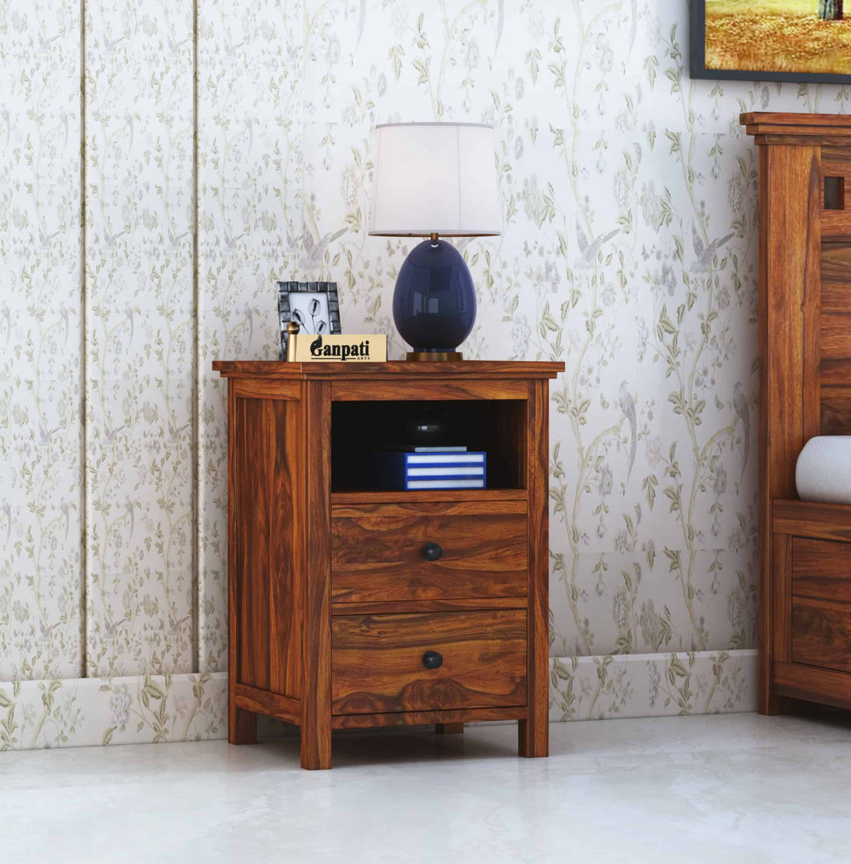 Swift Solid Sheesham Wood Bedside Table With Two Drawer Storage -3 Years Warranty